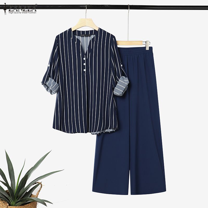 ZANZEA Women Long Sleeve Stripe Blouse and Long Pants Casual Two Piece Suit Sets