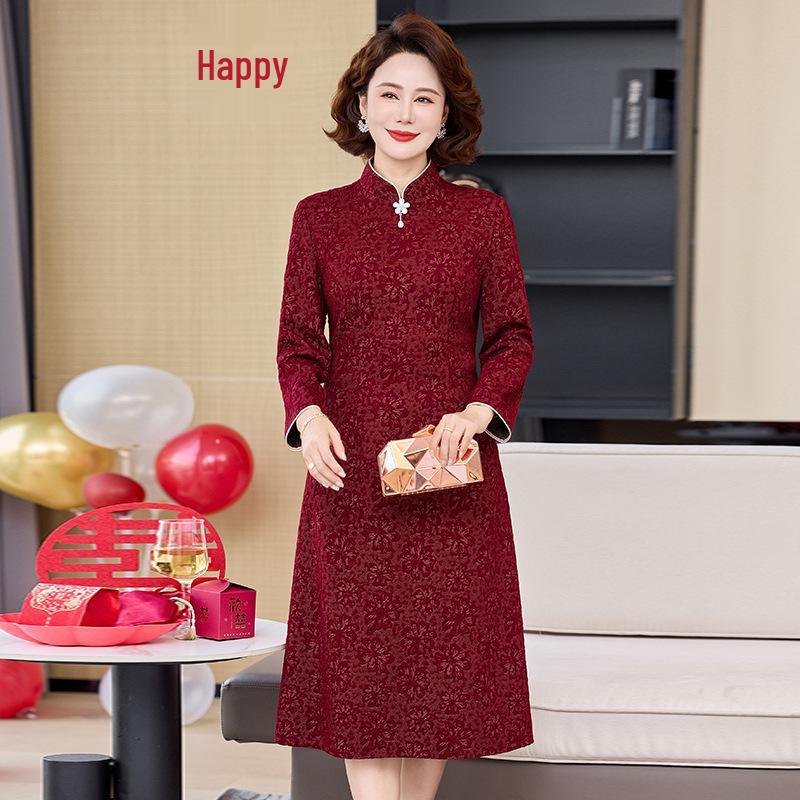 

2026 Spring New Arrival: Mid-Length Long-Sleeve Modified Qipao Dress for Middle-Aged & Elderly Women - Perfect for Weddings 3XL (60-67.5 kg) вина червоного кольору