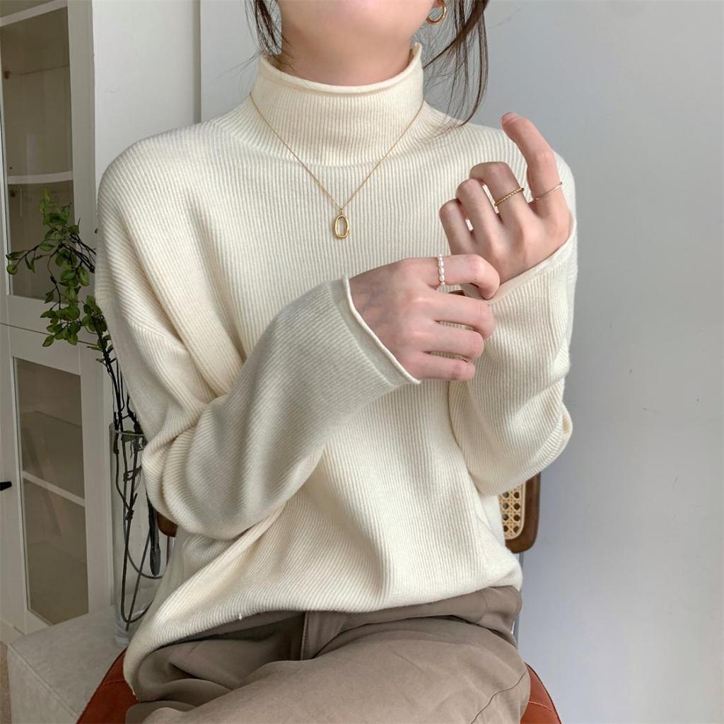 Solid-color Sweater Women's Fashion Korean-style Half Turtleneck Pullover Casual Loose Long-sleeved Knitted Sweater for Spring and Autumn