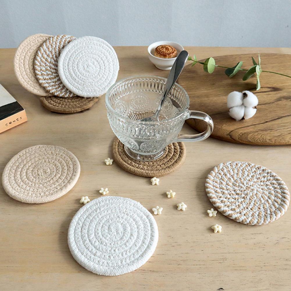 Minimalist Drink Coasters Natural Materials Coasters Absorbent Cotton Woven Coasters Set with Holder for Drinks Minimalist Home