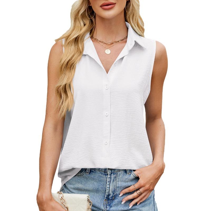 Damen Frühling und Sommer Einfarbig Revers Knopf Weste Chiffon Top
