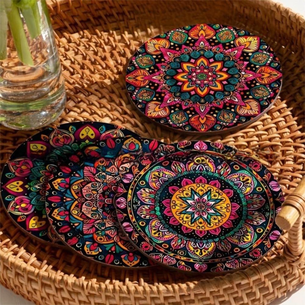 4pcs/set Mandala Pattern Coasters Set Colorful Wooden Table Insulation Pad Insulation Function Home Decoration Table Protection