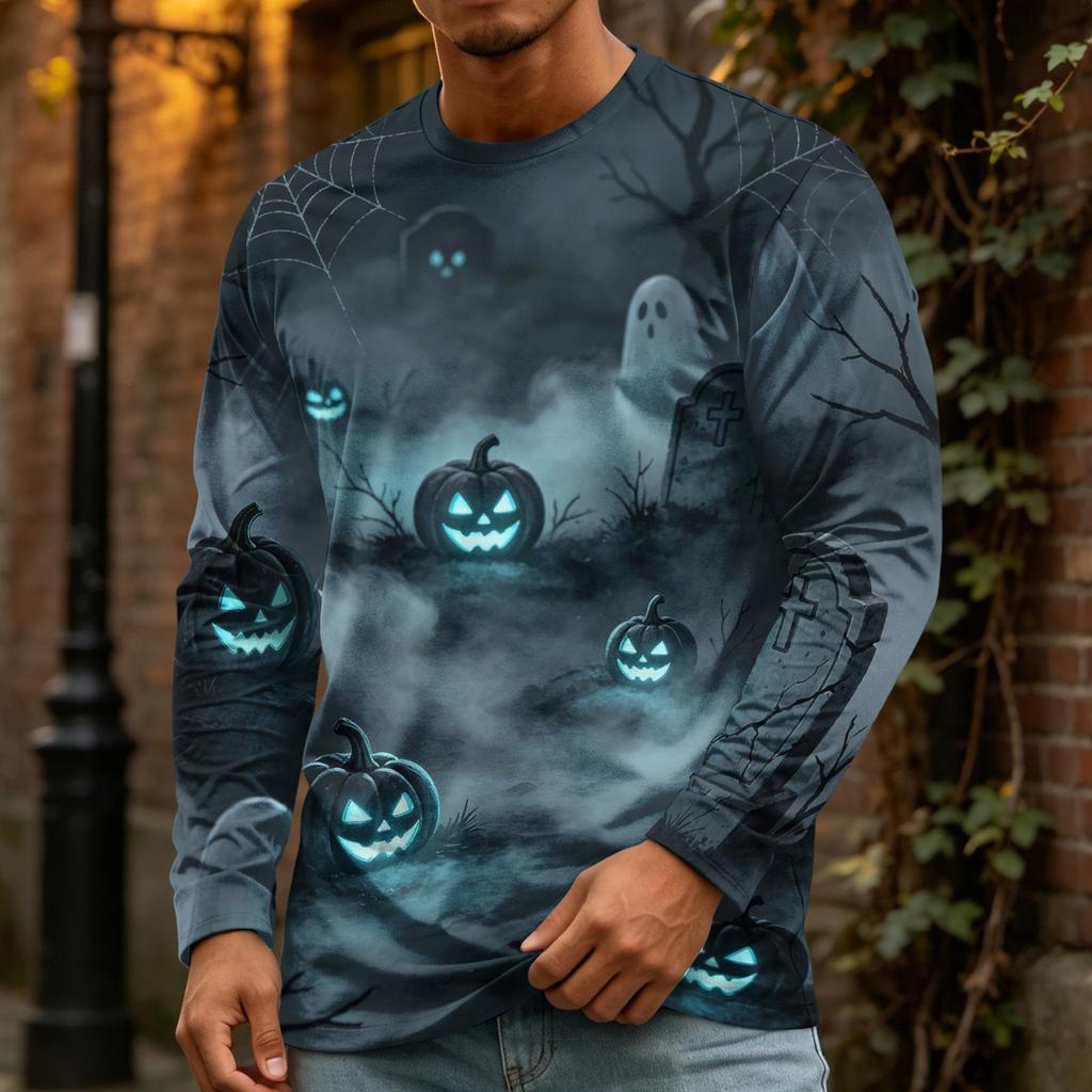 Men's Halloween Print Crewneck Long Sleeve T-Shirt for Casual Wear