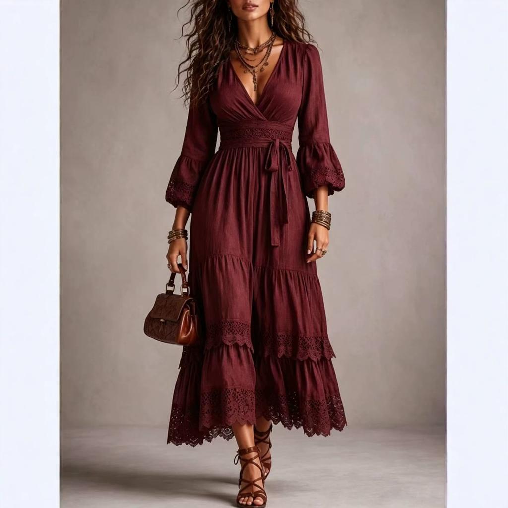 2026 Style de vacances européen et américain robe longue en coton et lin décolleté plongeant manches bouffantes dentelle ajourée dentelle dentelle sangle de taille combinaison mi-longue