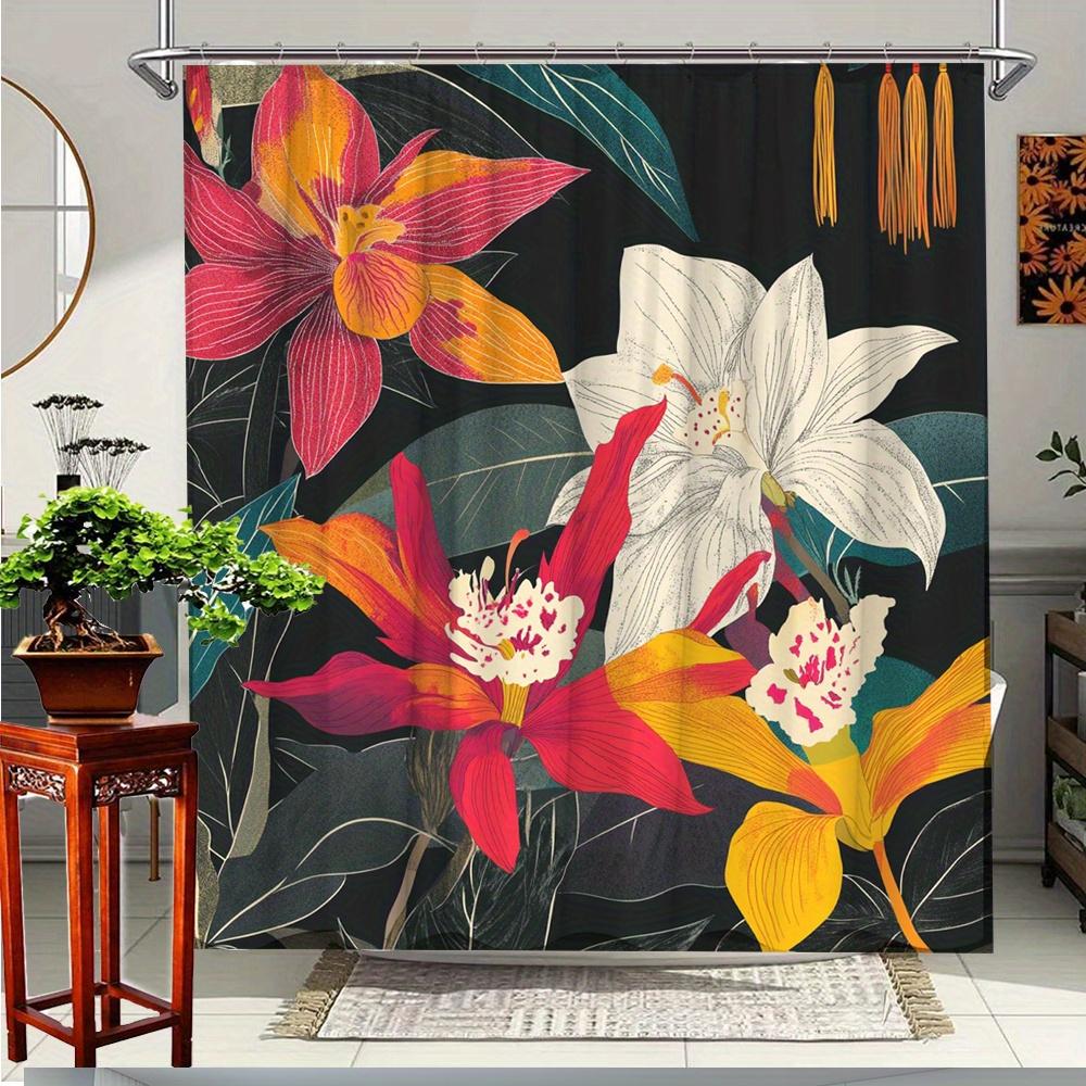 

1Pc Vibrant Floral Shower Curtain With Orchids & Lilies On Dark Background - Polyester Bathroom Decor 70.8X70.8 Inches, 90x180cm