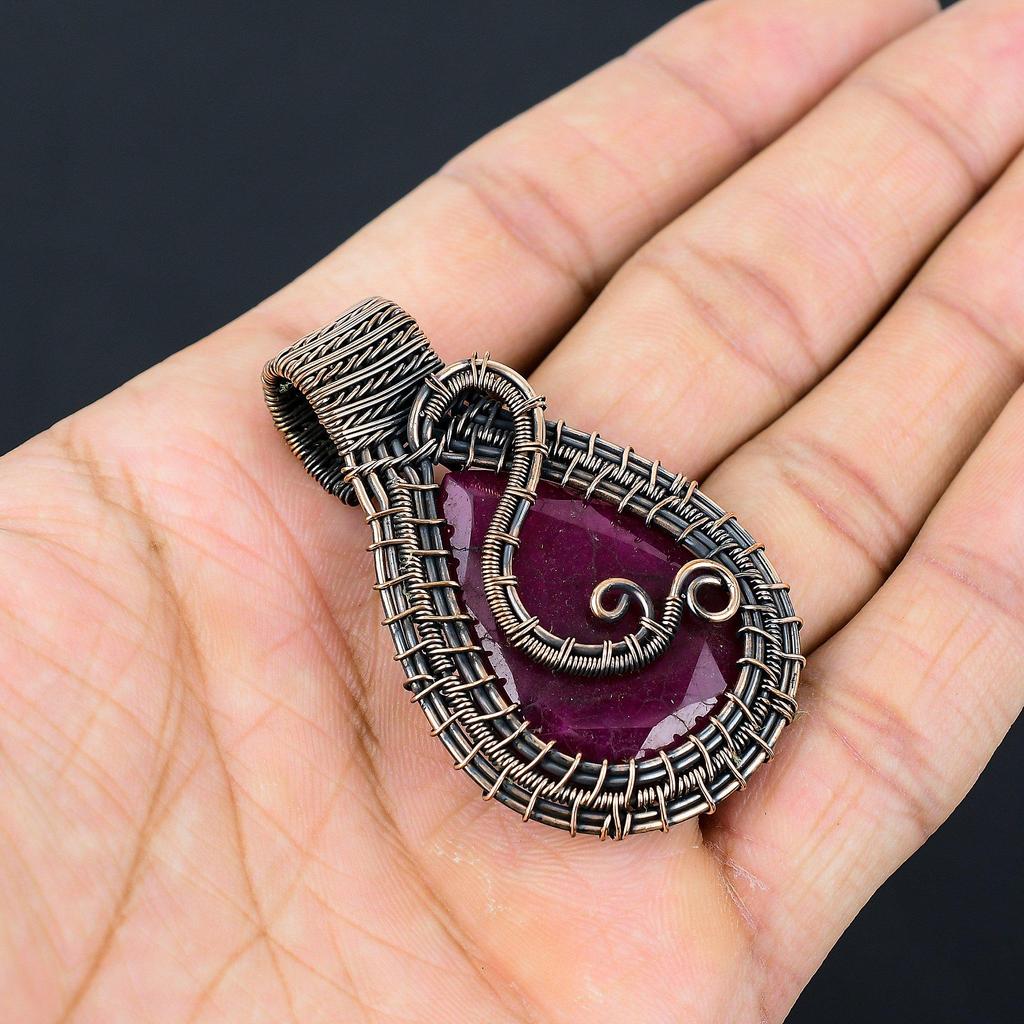Ruby Pendant Gemstone Jewelry, 999 Copper Wire Wrapped Handmade Pendant, Latest Design Jewelry