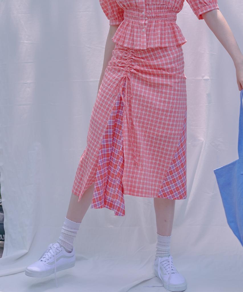 Near And Dear Check Color Block Shirred Skirt_Pink