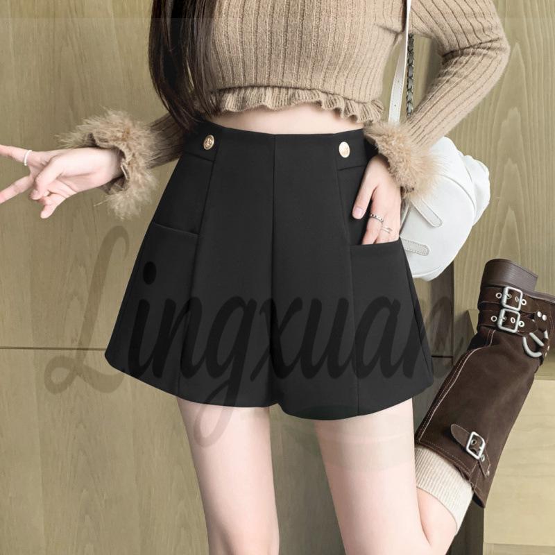 

Women s High-Waisted Coffee Wool-Blend A-Line Shorts, Autumn/Winter, Versatile, Slimming, Loose Fit, Petite-Friendly. Double Extra Large чёрный