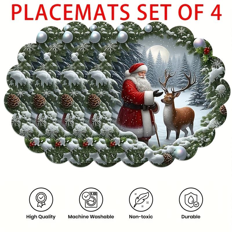 4pcs Christmas Placemats, Santa Claus Xmas Snowflake Table Mats Winter Decor and Supplies for Home Party Kitchen Dining Table