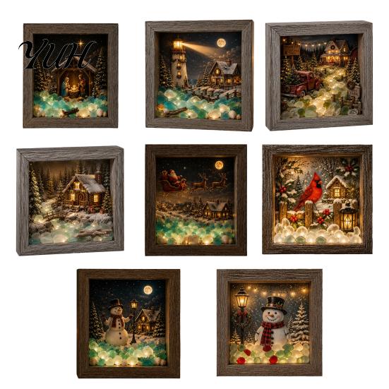 Christmas Desktop Night Light Sea Glass Shadow Box Light, 3D Winter Snow Scene Wooden Cozy Atmosphere Lamp Art Frame with LED Warm Glow, Landscape
