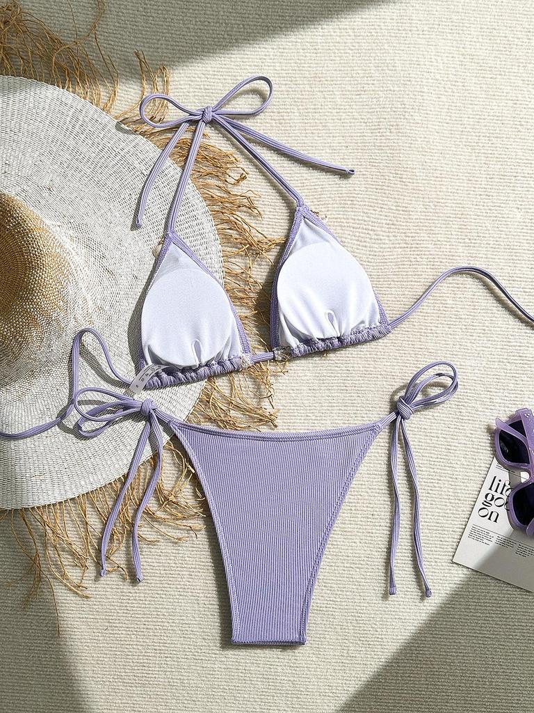 Women's Swimsuit Solid Halter Side Tie Bikini Suit Beachwear Bathing Suits with Shell