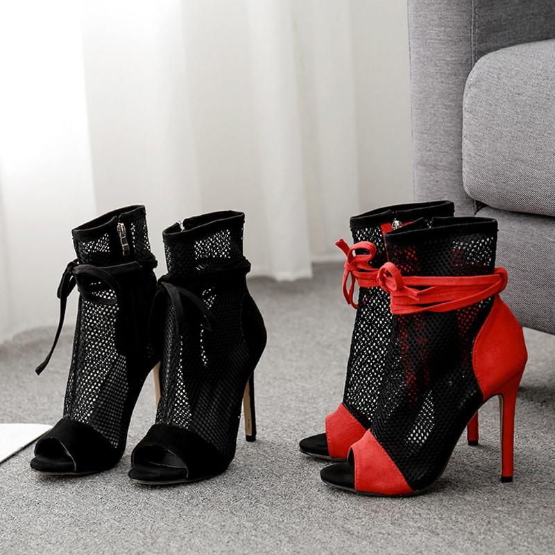 Spring Autumn New Sexy Mesh Ankle Boots Sandals Women Peep Toe Stiletto Heels Fashion Zip Lace Up Ladies Club Party Dance Shoes