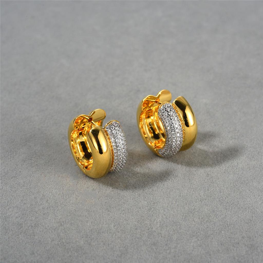 Unique Personality Light Luxury Copper Plated 18K Real Gold Inlaid With Diamonds Fashion Double Ring Earrings Exquisite Earrings