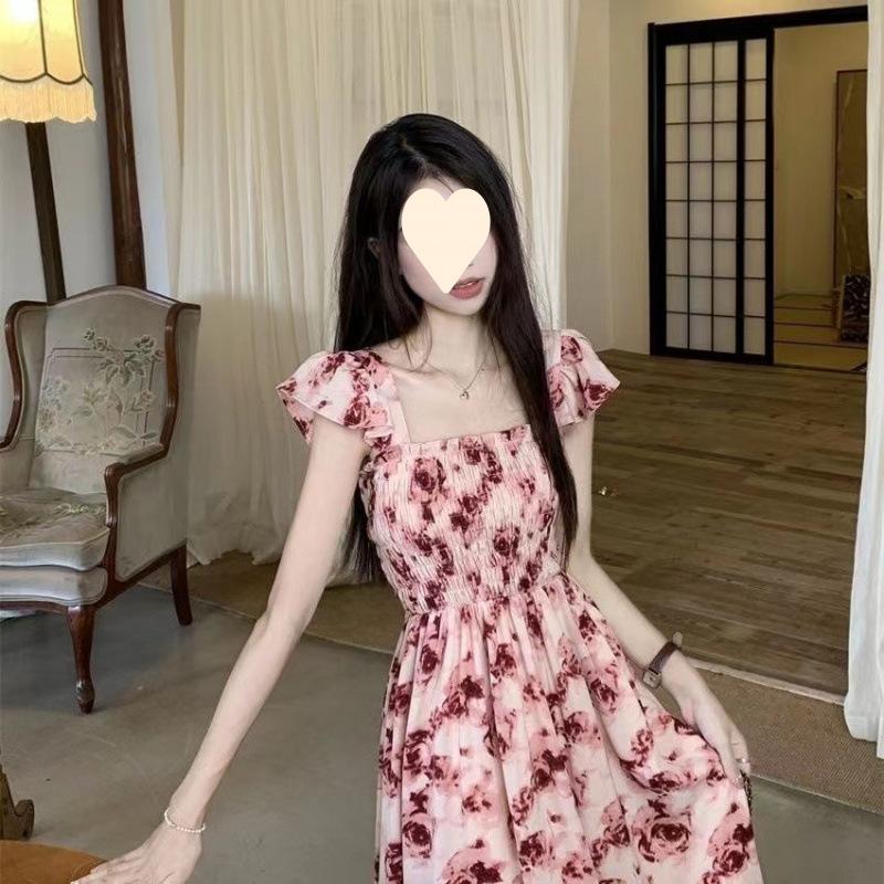 Super fairy Mori dress summer new small flying sleeves sweet temperament gentle wind floral medium and long dress