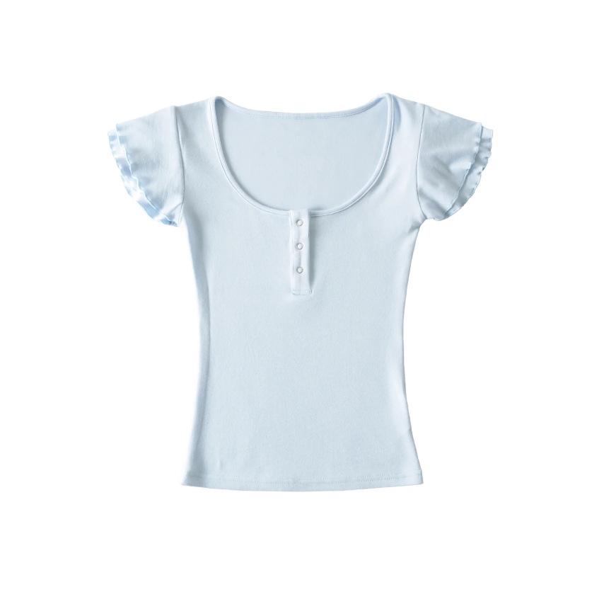 U-neck short-sleeved T-shirt women's summer new Spice Girl style solid color slim-fitting and thin short hidden button bottoming shirt top