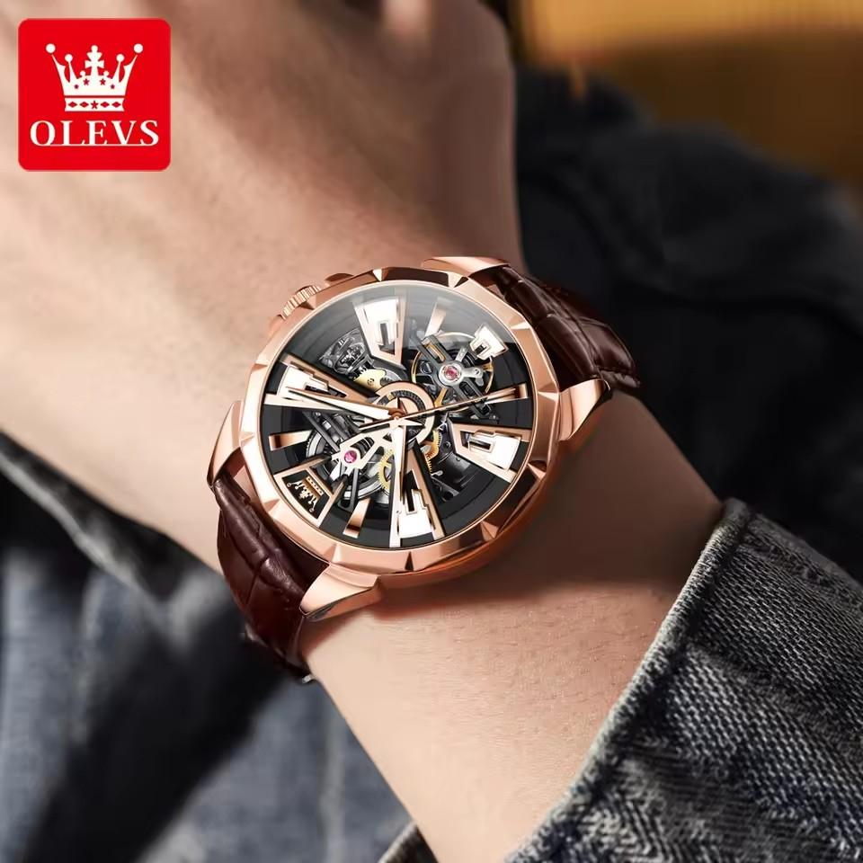 OLEVS 7051 Fashion Hollow Men's Watches Brown Leather Strap Waterproof Automatic Mechanical Wristwatch Luxury Man Watch New