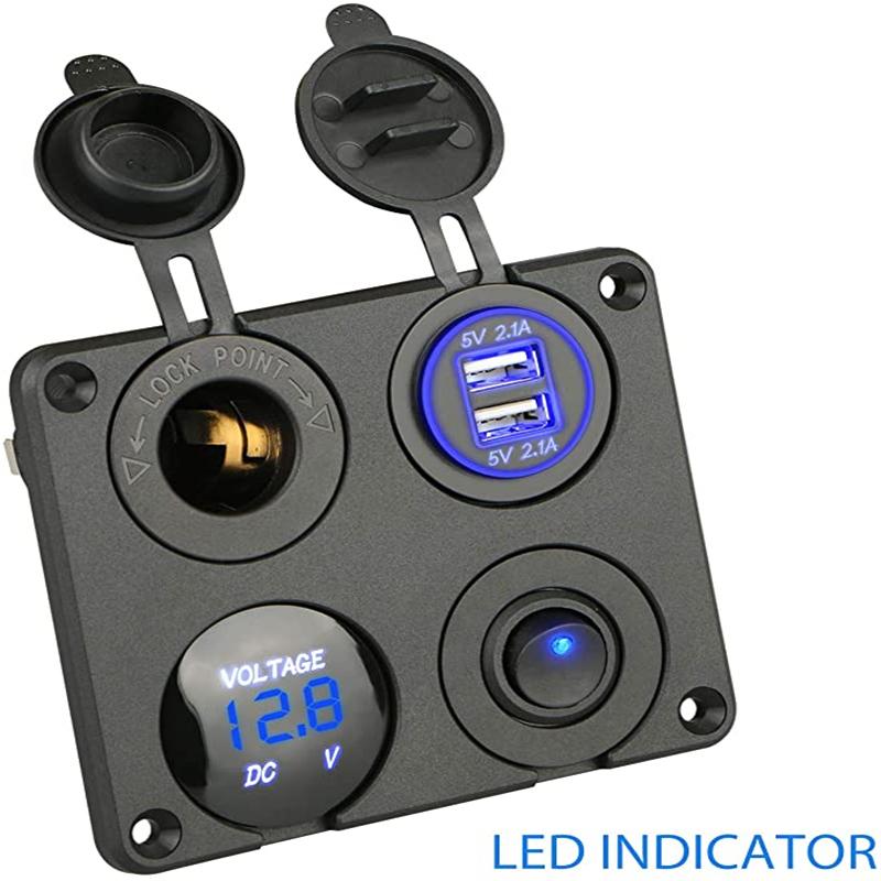 4-in-1-Autoladegerät mit Dual-SUB und 4,2-A-Voltmeter 12 V und Zigarettenanzünder und LED-Lichtschalter, geeignet für Boot, Wohnmobil, Auto, LKW
