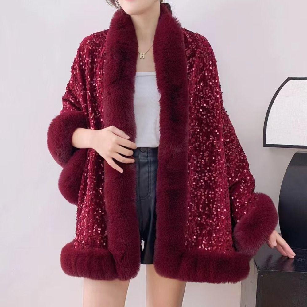 Warm Plush Shawl Autumn Winter Thicken Cardigan Soft Fur Collar Sequined Shawl