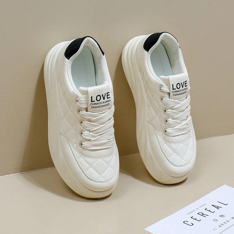 Women's White Walking Casual Sneakers Comfortable Female Students Elevator Comprehensive Sports Leather Shoes Breathable