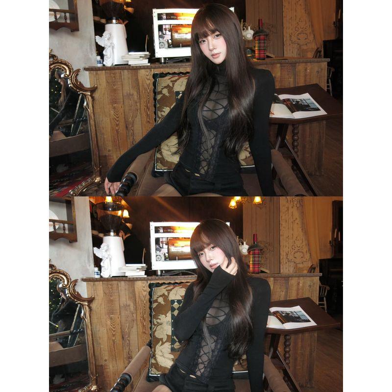

Black High-Neck Mesh Hollow-Out Long-Sleeve T-Shirt for Women, Early Spring Sexy Slim-Fit Knit Base Layer Top Black Top S