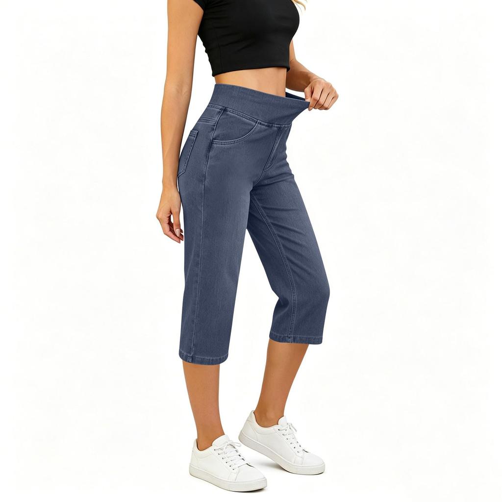High Waist Denim Capri-Hosen für Damen Gerades Bein Lässig Taschen-Design Dehnbarer Bund Bequeme Passform