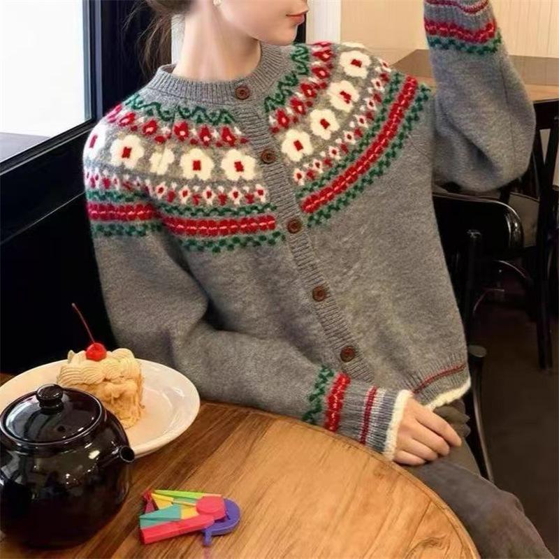 Women's Retro Fair Isle Color Block Knit Cardigan Sweater, Autumn Winter 2026 Trendy Loose Fit Casual Coat
