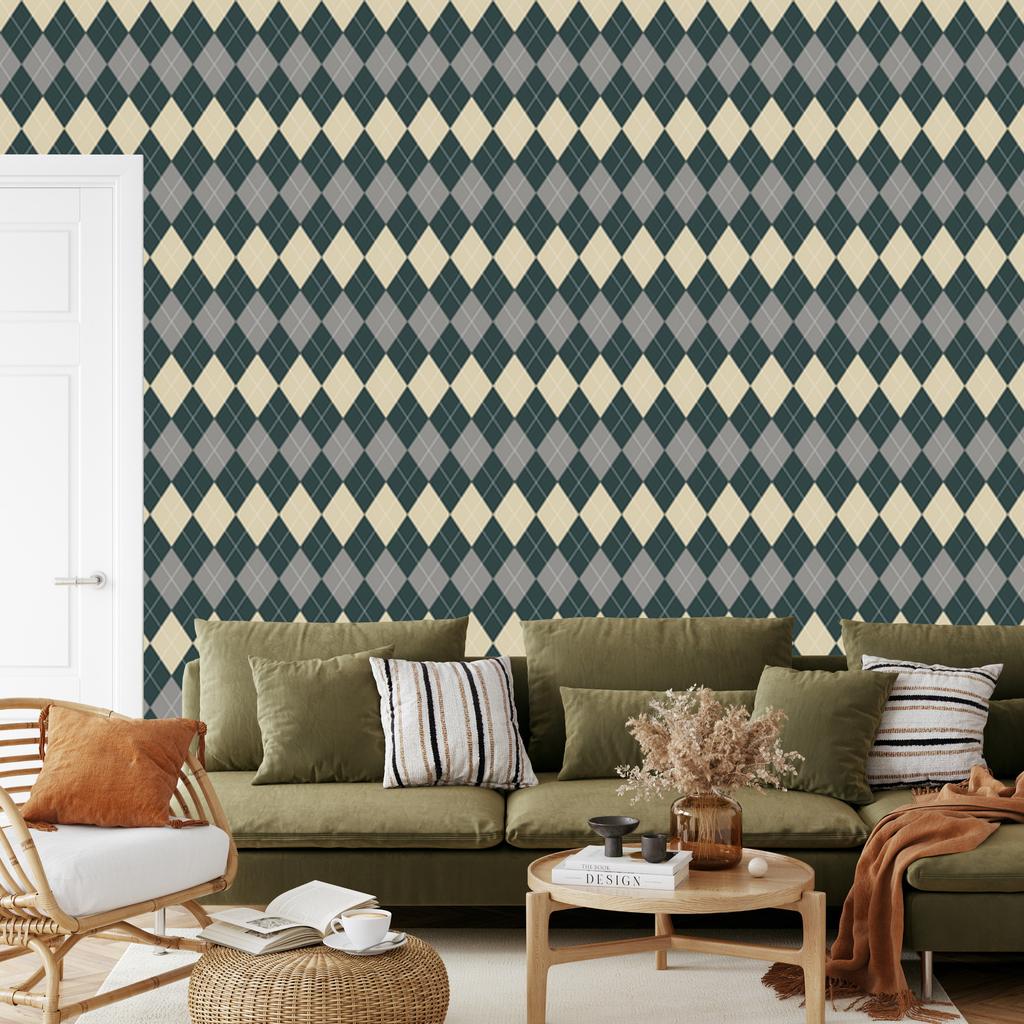 Autumn Plaid Wallpaper Turquoise and Gray for Living Room and Bedroom 50x1000