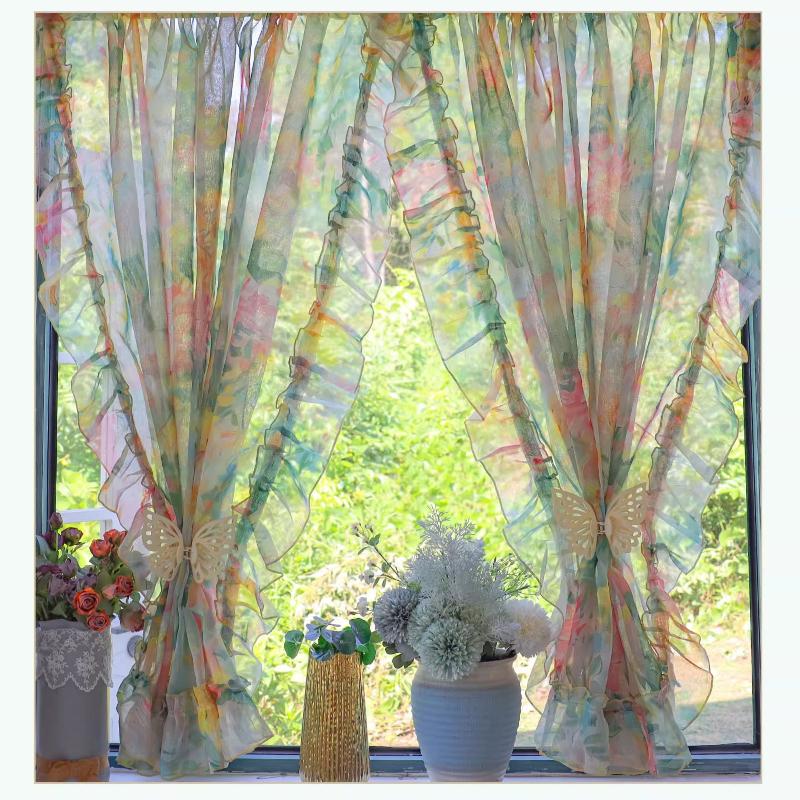 Romantic Floral Sheer Curtains for Girls Bedroom, Vintage Printed Light Filtering Privacy Semi-Sheer Sweet Ruffle Edge Curtains 2 Panels, Rod Pocket