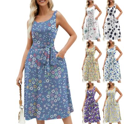 Women's Summer Beach Loose Round Neck Sleeveless Midi A-Line Dress Floral Print Lace-up Pocket Vest Dress