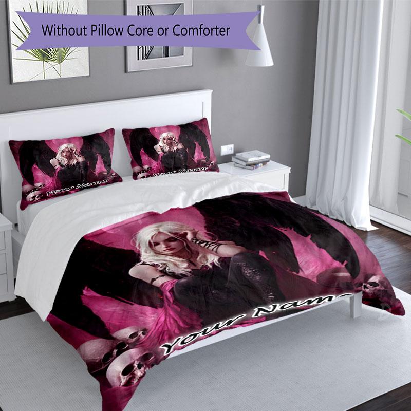 3PC Custom Name Gothic Angel Skulls Bedding Set Printed Bedding Set Duvet Cover Closure Includes 1 Duvet Cover & 2 Pillowcases for All Seasons Bedroom