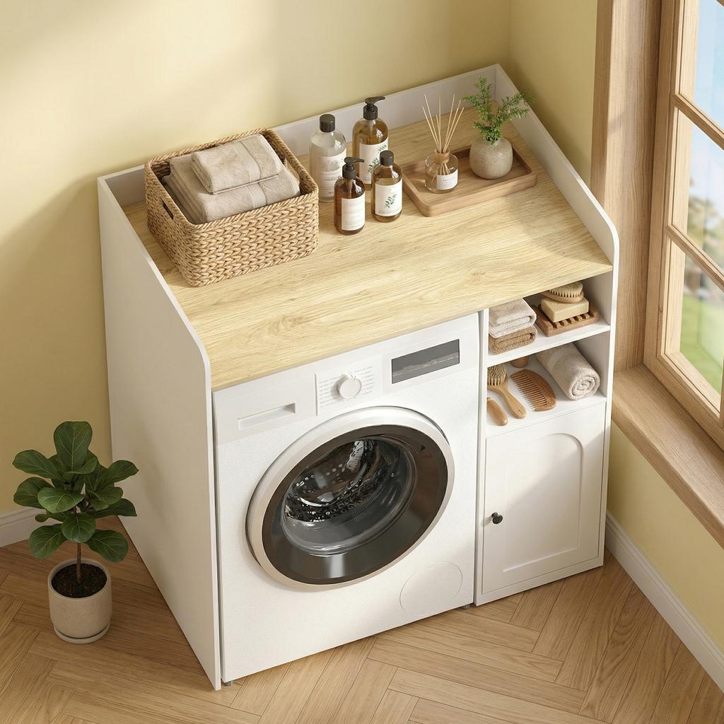 Washing Machine Cabinet Bathroom Cabinet 93.5 x 60 x 100 cm White and Natural