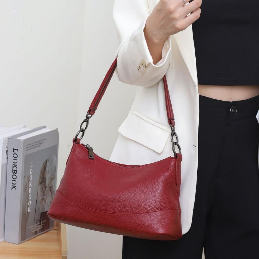 Cowhide Women Single Shoulder Crossbody Simple Multi-compartment Dumpling Bag Large Capacity Aunt Mother Bag