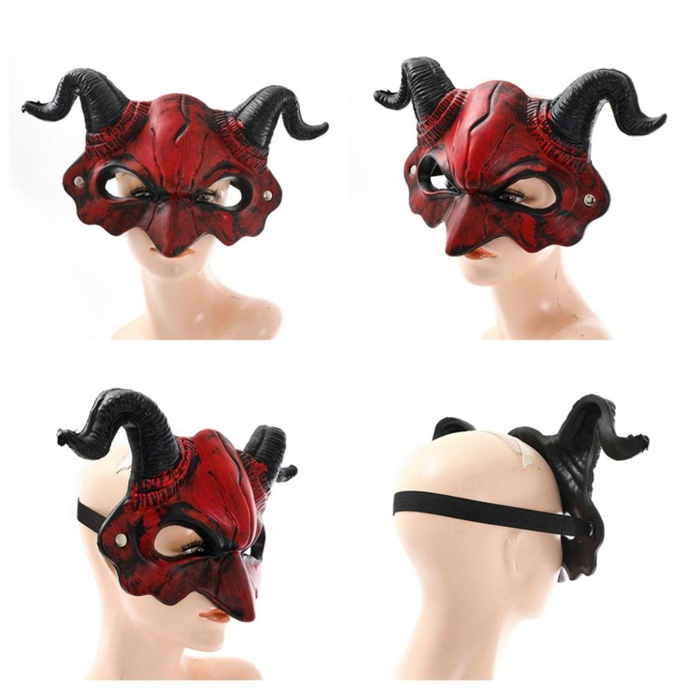 PU Leather Halloween Mask Demon Cosplay Masquerade Simulation Headgear Goat Horn Mask  Unisex