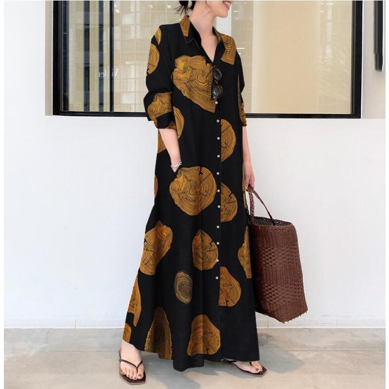 Plus Size Loose Printed Turn Down Collar Long Sleeve Casual Long Shirt Dress For Women