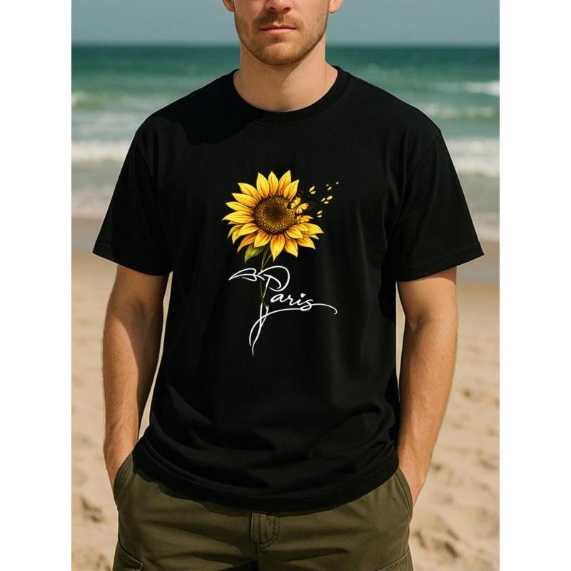 

European Size Paris Sunflower Artistic Fresh Style All-Season Comfortable T-Shirt | Suitable for Daily and Home Wear, Round-neck, Fashionable for Men 4XL чорний