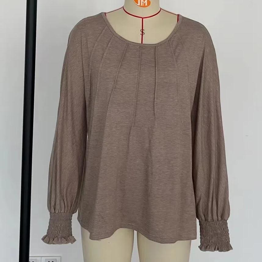 2026 New Women's Pleated Long Sleeve T-Shirt, Round Neck Casual Solid Color Blouse for Autumn Winter