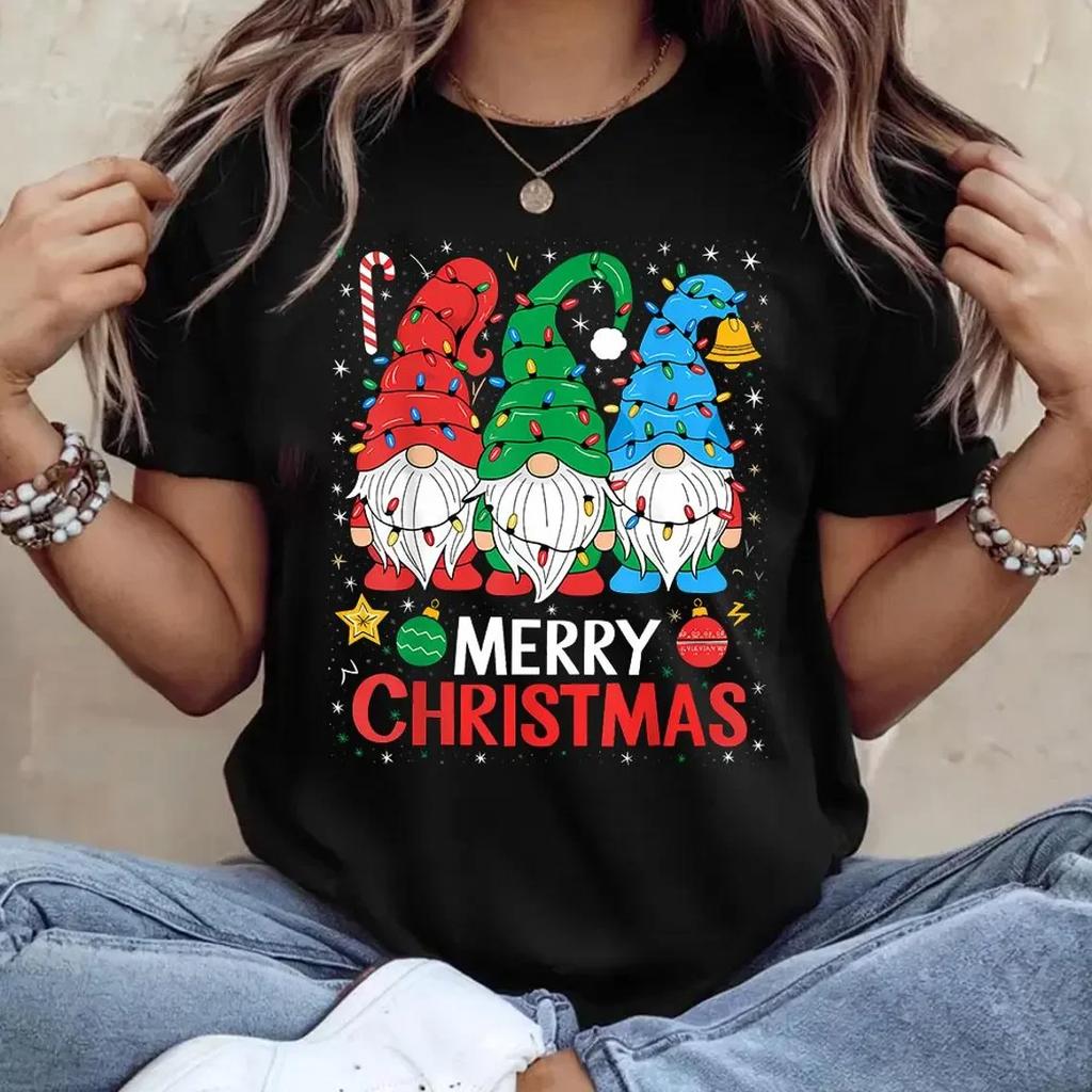 2026 New Christmas Gnome Graphic TShirt Short Sleeve Round Neck Casual Top Washable Holiday Party Tee For Unisex Gnome Gift