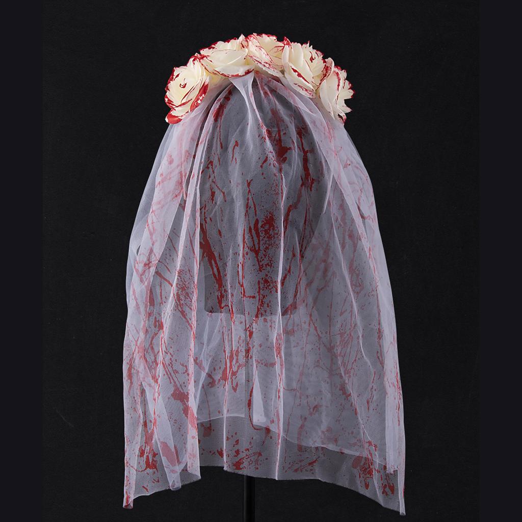Adult Gothic Bride Halloween Costume Veil Flower Headband Bloody Hairhoop Dark Series Scary Ghost Bride Facemask Props