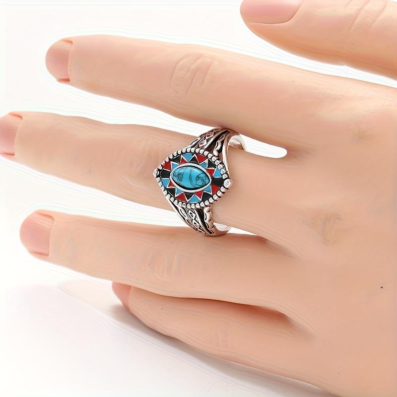 Bohemian Style Fashionable Imitation Turquoise Two Tone Enamel Ring, Anniversary Jewelry, Suitable for Both Men and Women