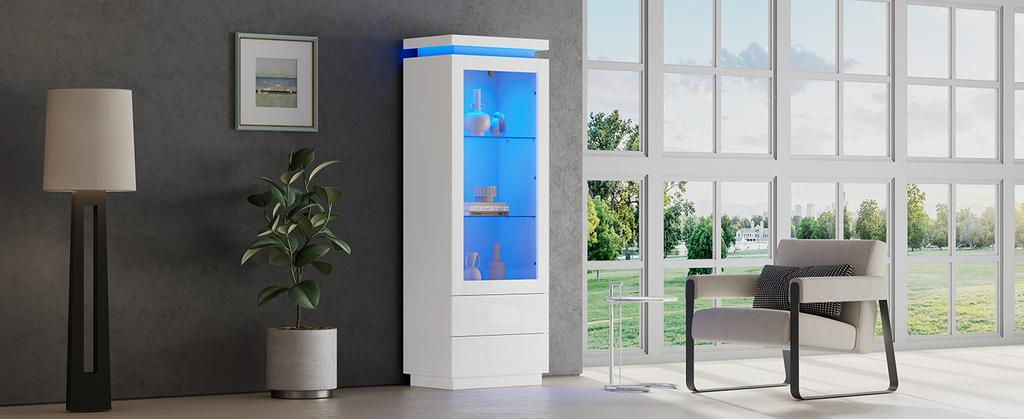 Vetrina 60*40*171cm, Armadio Alto con 2 Cassetti, Vetrina in Vetro ad Alta Lucentezza con LED, Soggiorno con Ante in Vetro e Ante a Ribalta, Bianco