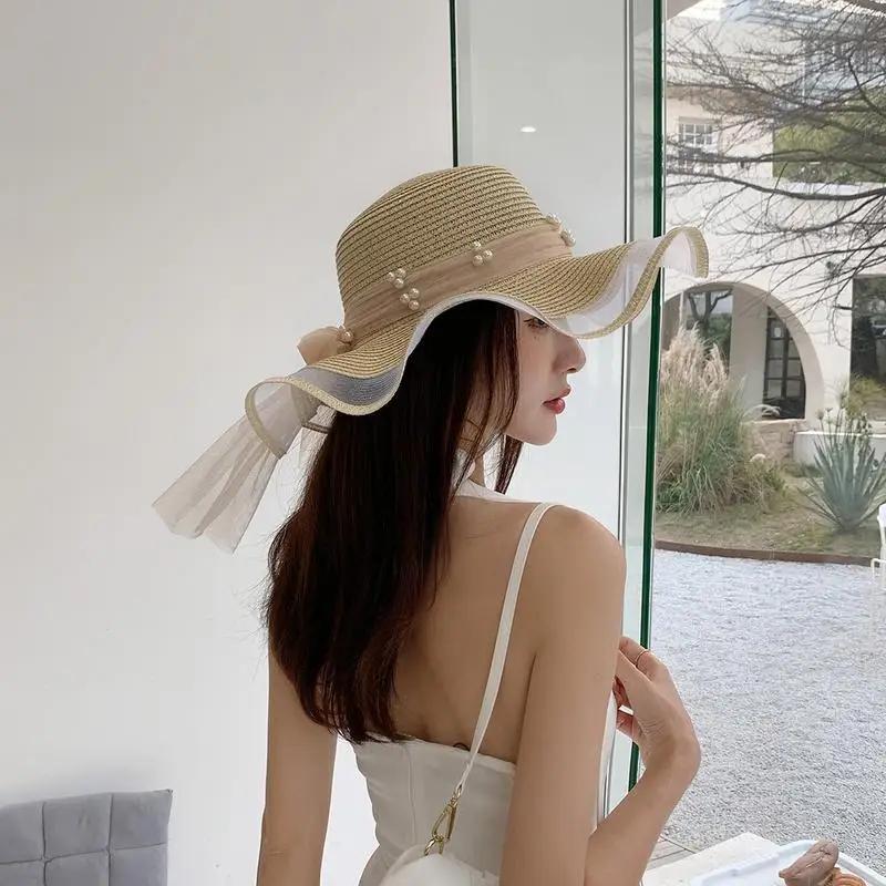 New Foldable Wide-brimmed Girl Straw Pearl Sun Hat Beach Wave Hat UV Protection Travel Hat Lady Beach Hat Birthday Gift