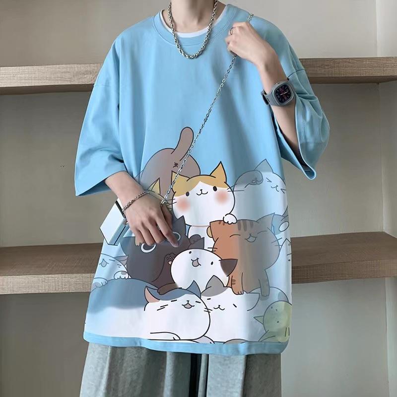 Men Cute Cat Print Short Sleeve T Shirt Casual Loose Fit Summer Streetwear Top
