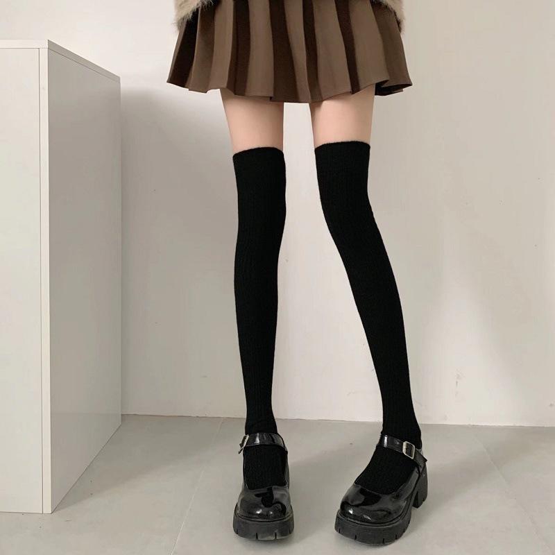 Socks Woman Autumn and Winter Thick Warm Solid Color Knee High Stockings Black White Vertical stripes Thigh High Socks for Women