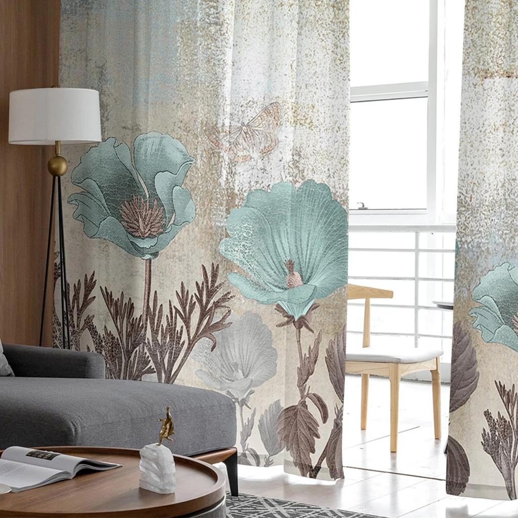 Flower Retro Tulip Plant Bedroom Transparent Sheer Curtains Holiday Decoration Window Voile Tulle Curtain