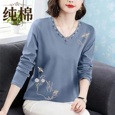 Blusas Longas da Moda para Mulheres Camisetas Bordadas com Flores e Decote em V Slim Fit e Novos Pulôveres de Outono