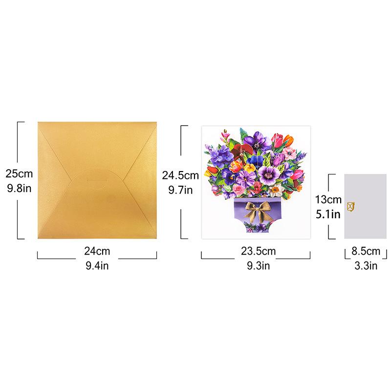 Pappersblommor Bukettkort Blommig Handgjord Färgtryck Popup-kort för Dag Födelsedag Jubileumskort för DIY-present