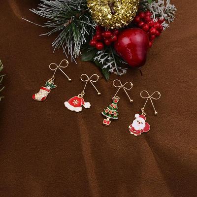 Christmas Bow & Enamel Santa Stud Earrings with Snowflake Hat Pendants