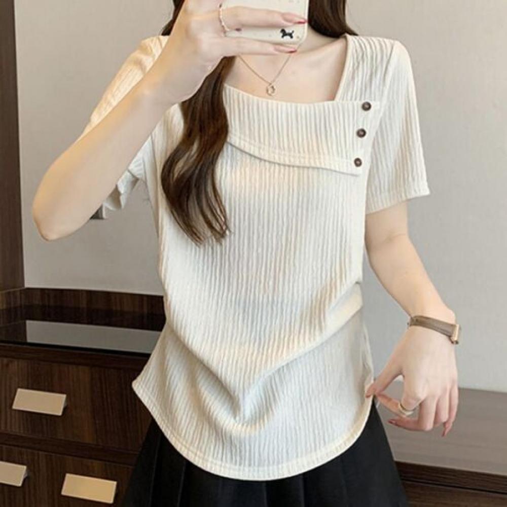 Navava Women Unique AsymmeTric BuTTon PoinT Shirring ShorT Sleeve T shirT nT3405