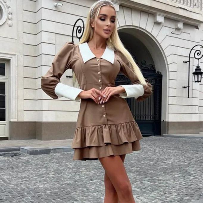 Elegant Cross-Color Button Dress with Lace-Up Waist and Ruffled Skirt - Autumn Collection