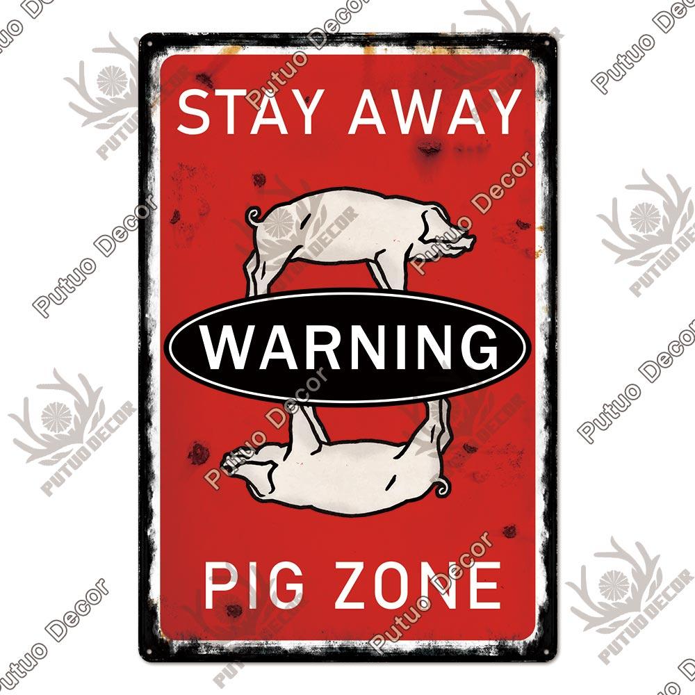 Putuo Decor Warning Tin Sign Vintage Metal Sign Pig Caution Plate Warning Decorative for Zoo Piggy Farm House Wall Decor